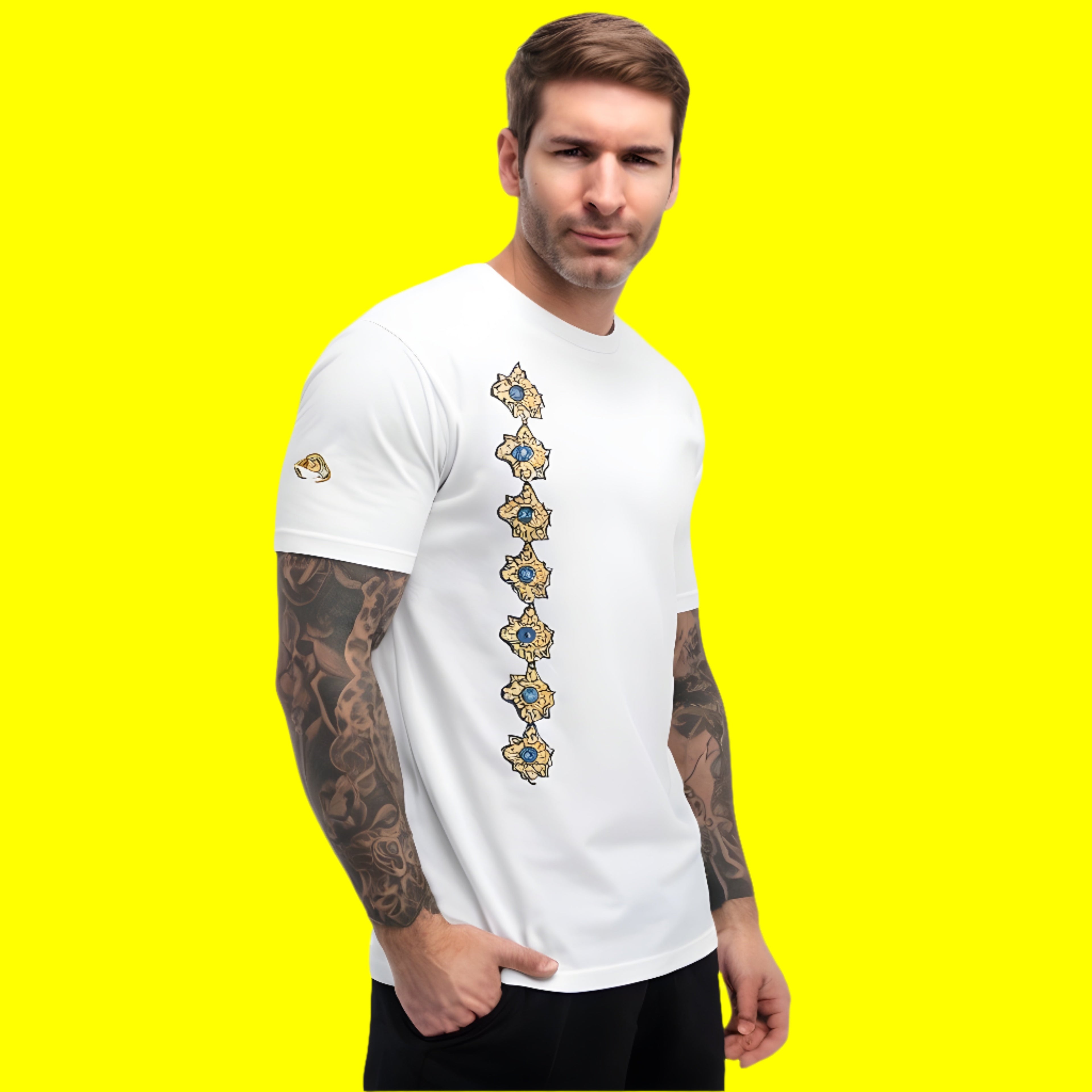 Man wearing a white t-shirt with decorative design on a white background